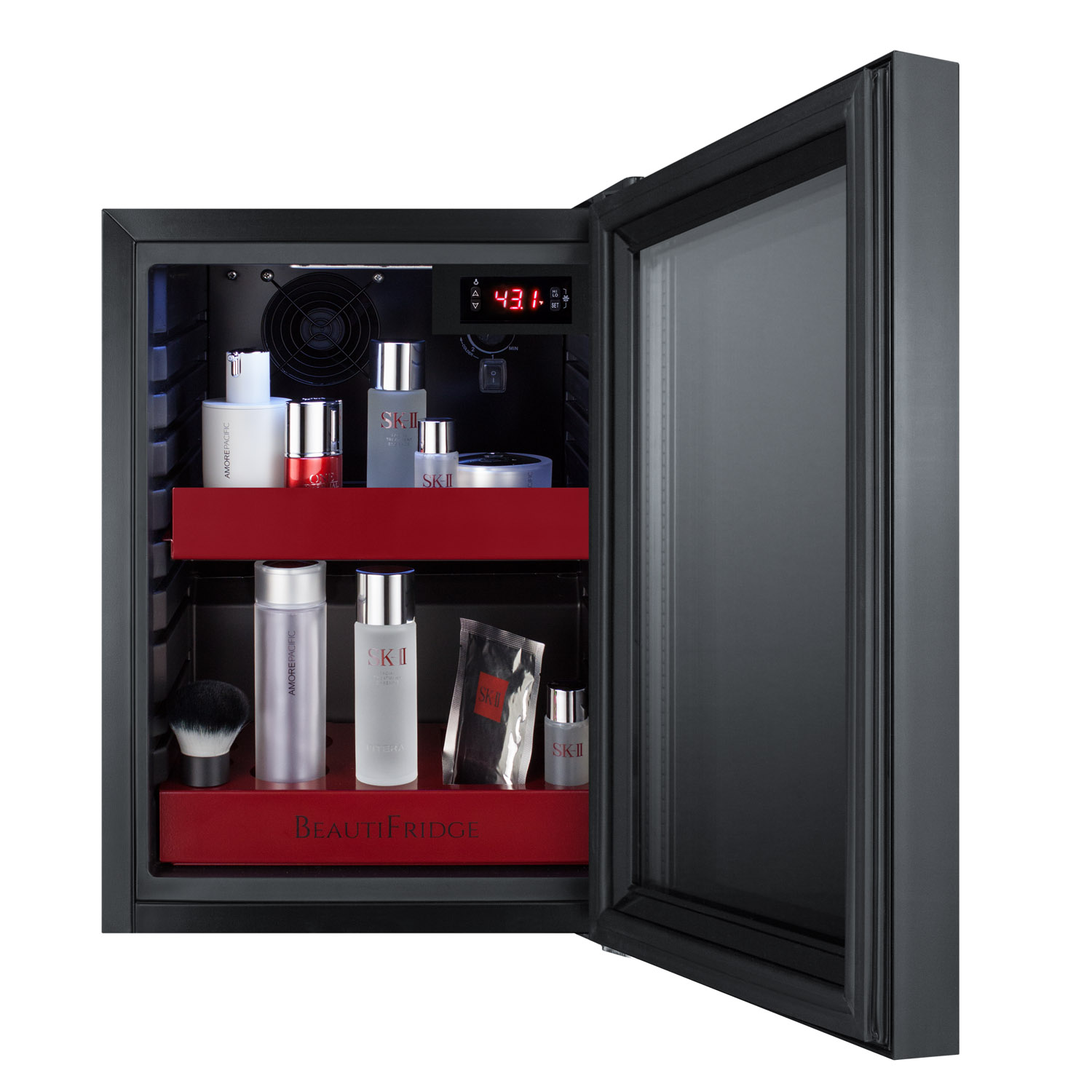 BeautiFridge compact cosmetics cooler with mirror-tinted glass door, black cabinet, lock, glossy ruby-colored shelves, and digital controls set for the storage of beauty products